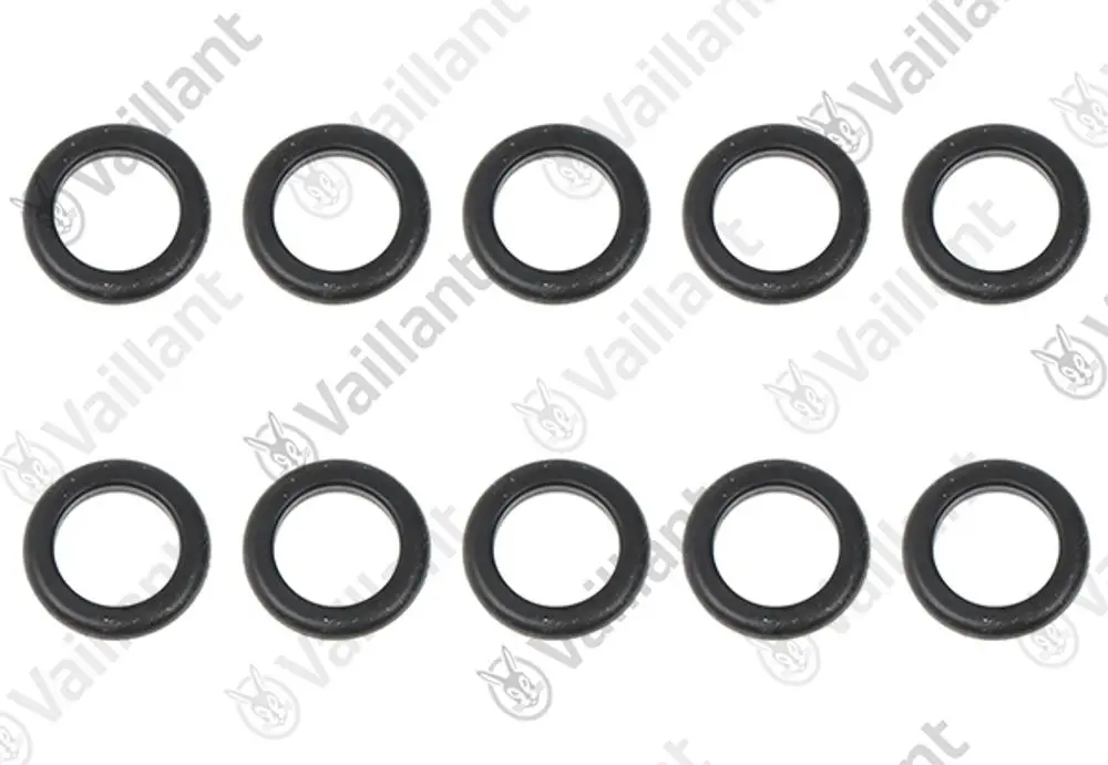 Vaillant O-Ringe in schwarz, angeordnet in zwei Reihen, insgesamt zehn Stück. Sie dienen zur Abdichtung in technischen Anwendungen.